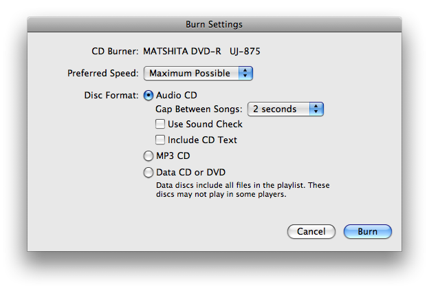 itunes Burn Dialog iTunes Burn Dialog